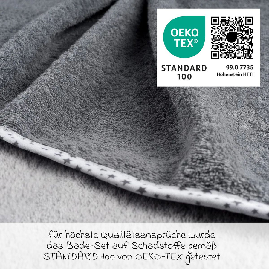 Wörner 3-tlg. Bade-Set für Babys aus Baumwolle mit Kapuzenbadetuch und 2 Waschhandschuhen, Farbe Grau mit Sternen, B/T/H: 80 x 80 cm - Bild 3
