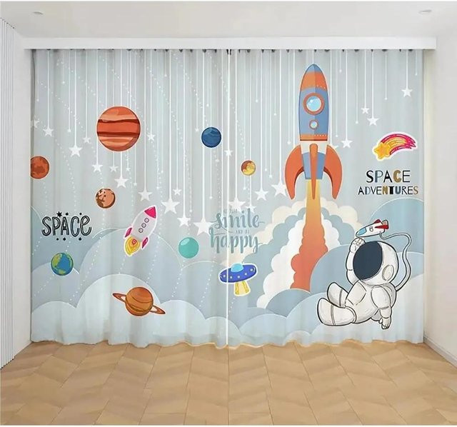 2er-Set Astronauten und Weltraum Vorhänge mit Raketen und Planeten Motiv in Blau, halbtransparent, Breite: 60 cm, Höhe: 100 cm - Bild 1