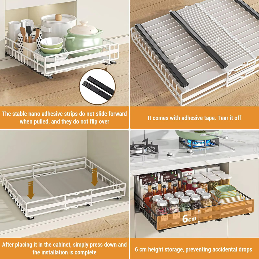 GarveeHome ausziehbarer Küchenschrank-Organizer aus Karbonstahl in Weiß, platzsparende Schieberegale für Vorratskammer und Bad, Höhe: 8 cm, Breite: 31-49 cm - Bild 2