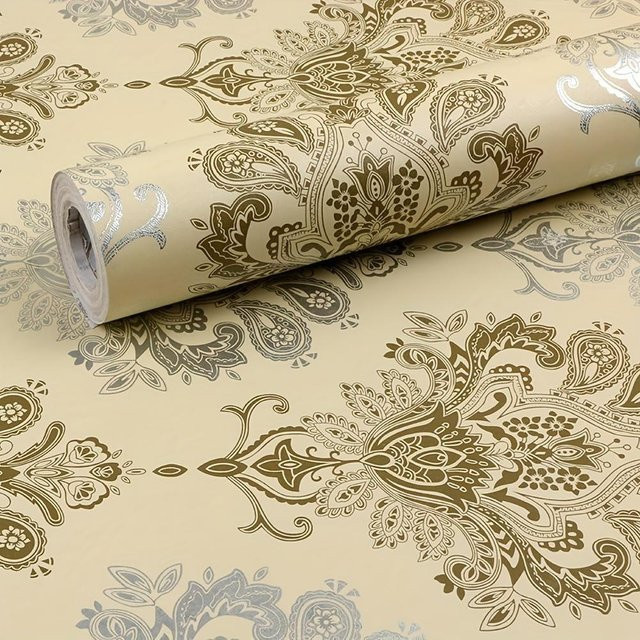 Selbstklebende Tapete im Bohème-Stil von SZ-Damai mit Paisley-Muster in Beige, B: 45 cm, L: 300 cm - Bild 1