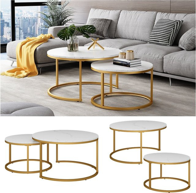 Vicco Couchtisch Montreal 2er-Set in Weiß und Gold, Wohnzimmertisch rechteckig, Breite: 77 cm, Tiefe: 40 cm - Bild 1