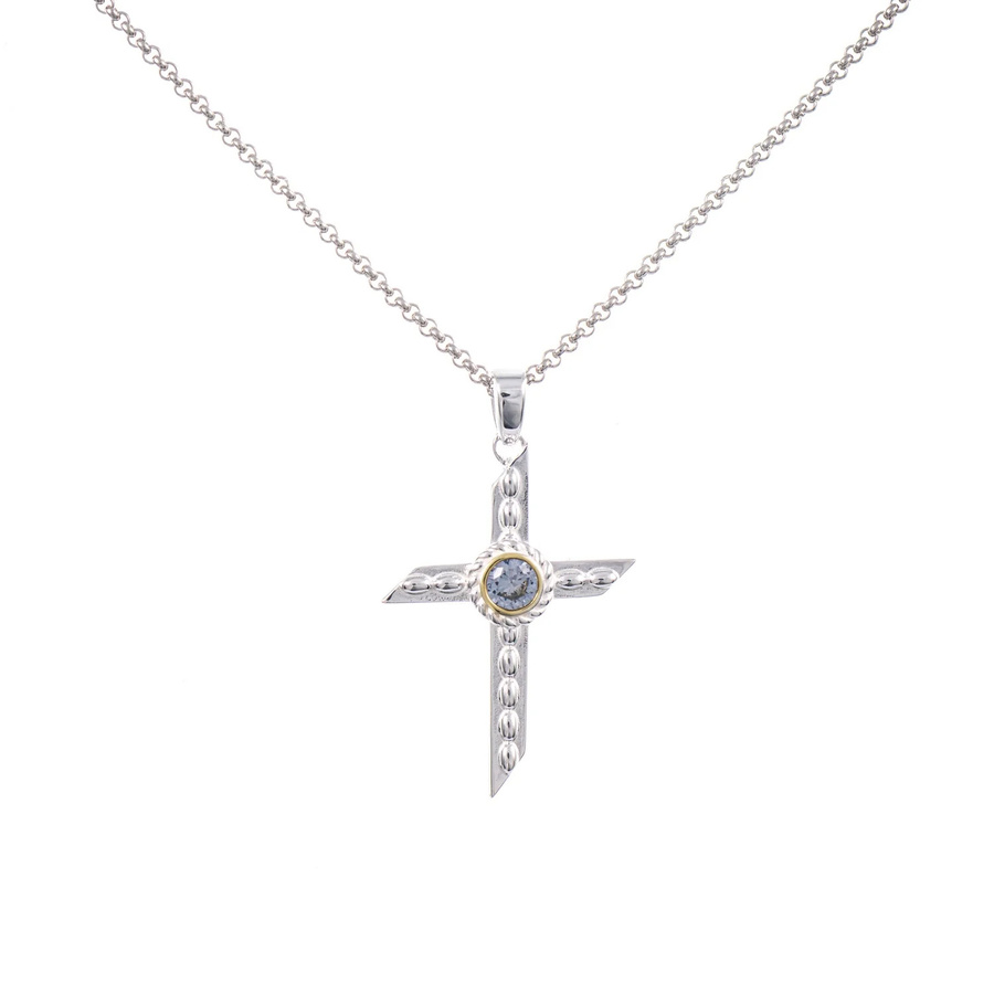 Anhänger Kreuz mit Kette, 925 Silber, teilvergoldet, Zirkonia, hellblau - Bild 1