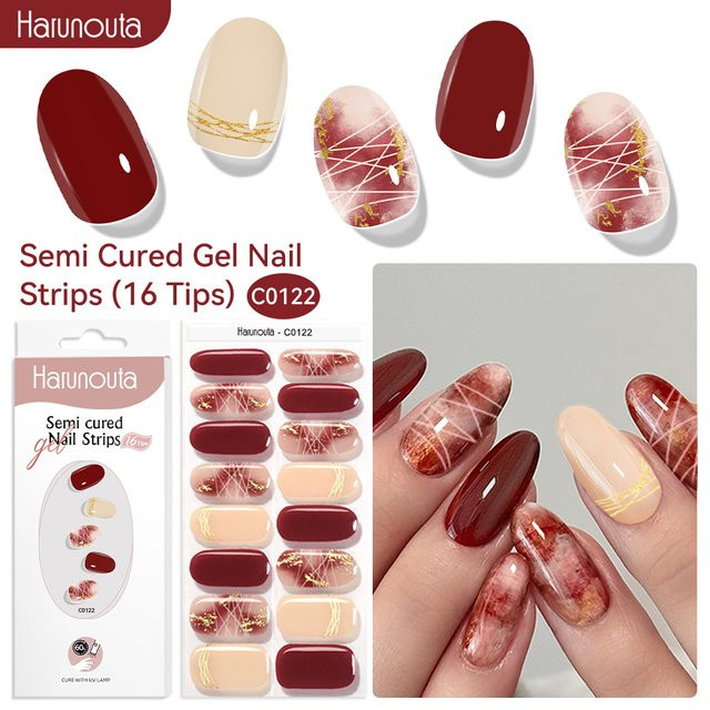 Harunouta Gel-Nagelstreifen, roter Marmor mit Goldlinie, 16 Stück - Bild 1