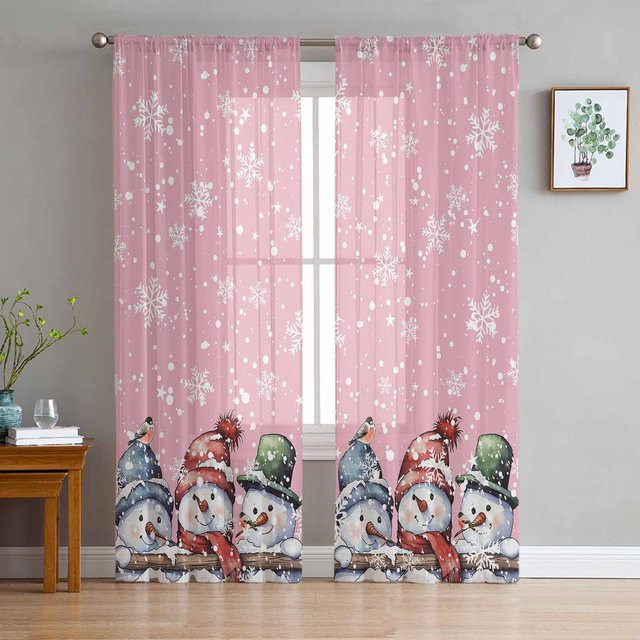 Transparente Weihnachts Vorhänge mit Schneeflocken und Schneemann im Aquarell-Design, Tüll Voile Vorhang für Wohnzimmer und Küche, Farbe: Grau, B: 135 cm, H: 115 cm - Bild 1