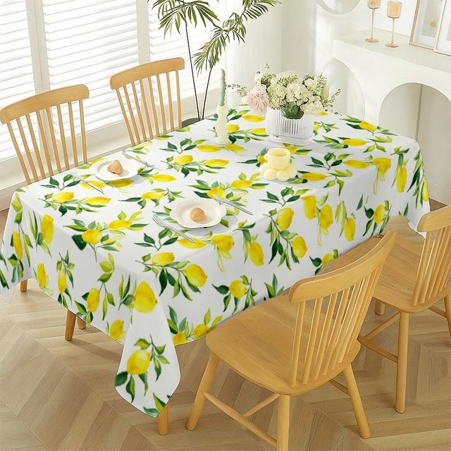 Rechteckige Tischdecke von JINGYUE Pet mit Sommer-Zitronen- und grünen Blättern Motiv in Beige und Weiß, B/T: 90 x 140 cm - Bild 1