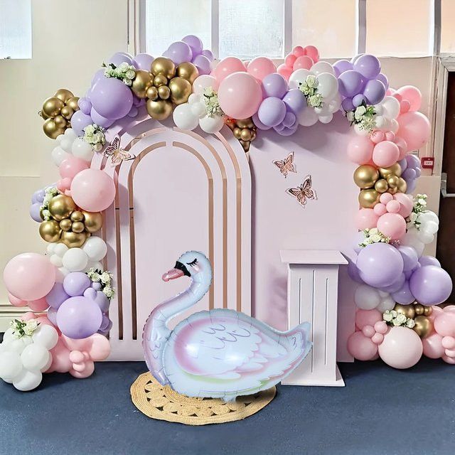 LQVYI Ballon Girlande Set mit 170 Stück Schwanenfolienballons und Latexballons in Rosa, Lila und Gold für Geburtstagsfeier und Hochzeit - Bild 1