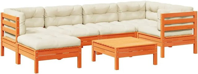 vidaXL 7-teilige Garten-Sofagarnitur aus Kiefernholz in Wachsbraun mit Polstern und Kissen, L-Form mit Eckelement, 2-Sitzer und Ottoman - Bild 1