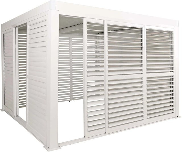 BERLINLODGE Alu Pergola mit Lamellendach in Weiß, Terrassenüberdachung mit 6 Lamellenpaneelen, 6 Schiebetüren und integrierter Regenrinne, H x B x T: 220 x 300 x 300 cm - Bild 1