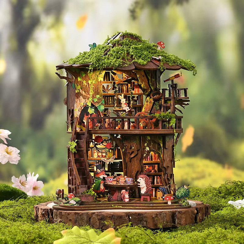 ELEVEN-CUTE DIY Holz-Wald-Buchclub-Bücherregal-Miniaturmodellbausatz, mit Möbeln, LED-Beleuchtung - Bild 2