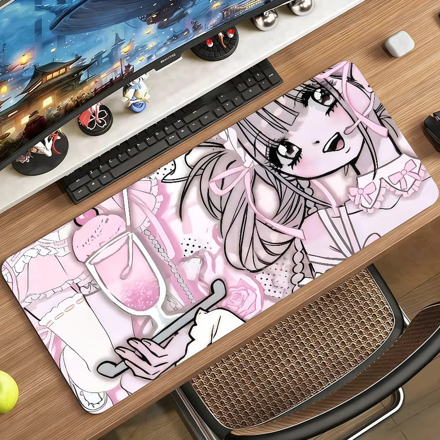 Niedliches Anime Girl Mauspad in Rosa, rutschfeste Schreibtischunterlage für PC und Laptop, XXL Gaming Schreibtischmatte aus Gummi - Bild 3