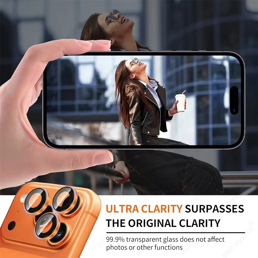 Metall-Kameraring-Schutzkappe für Apple iPhone 17 Pro Max 16 15 Pro Max 14 Plus mit AR+AF HD Rücklinsenglas und Montagehalterung in Transparent oder Orange - Bild 2