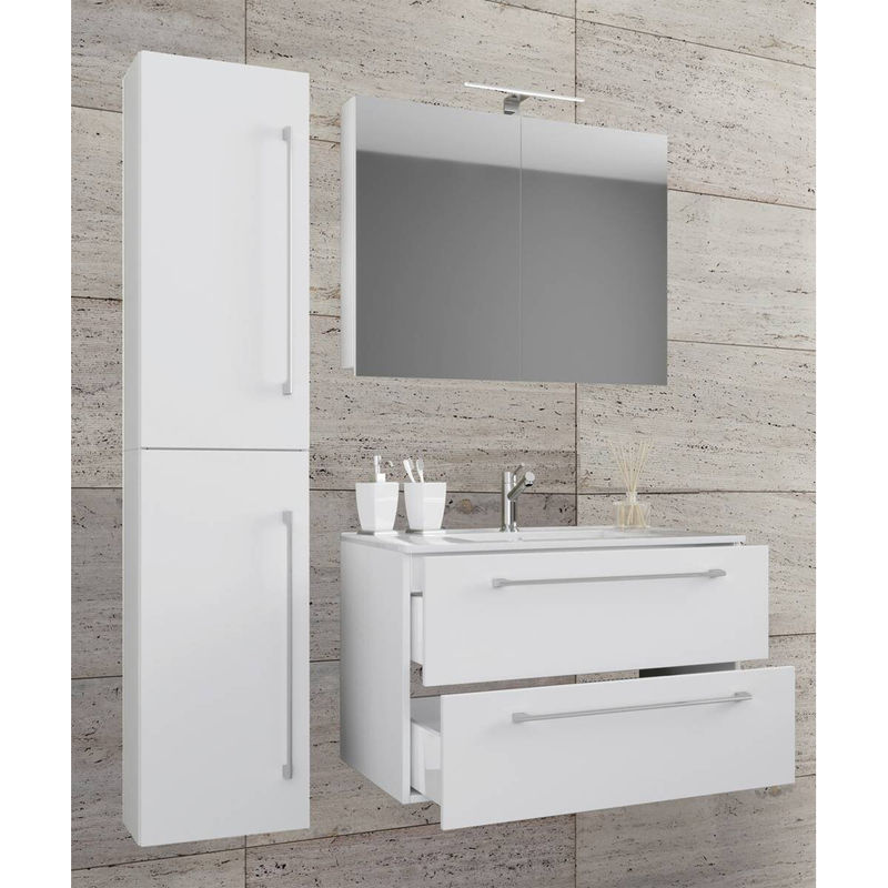 VCM Badmöbel-Set Badinos 4-teilig in Weiss mit Keramik-Waschbecken, Spiegelschrank und Hochschrank, B/H/T: 81 x 52 x 46 cm - Bild 3