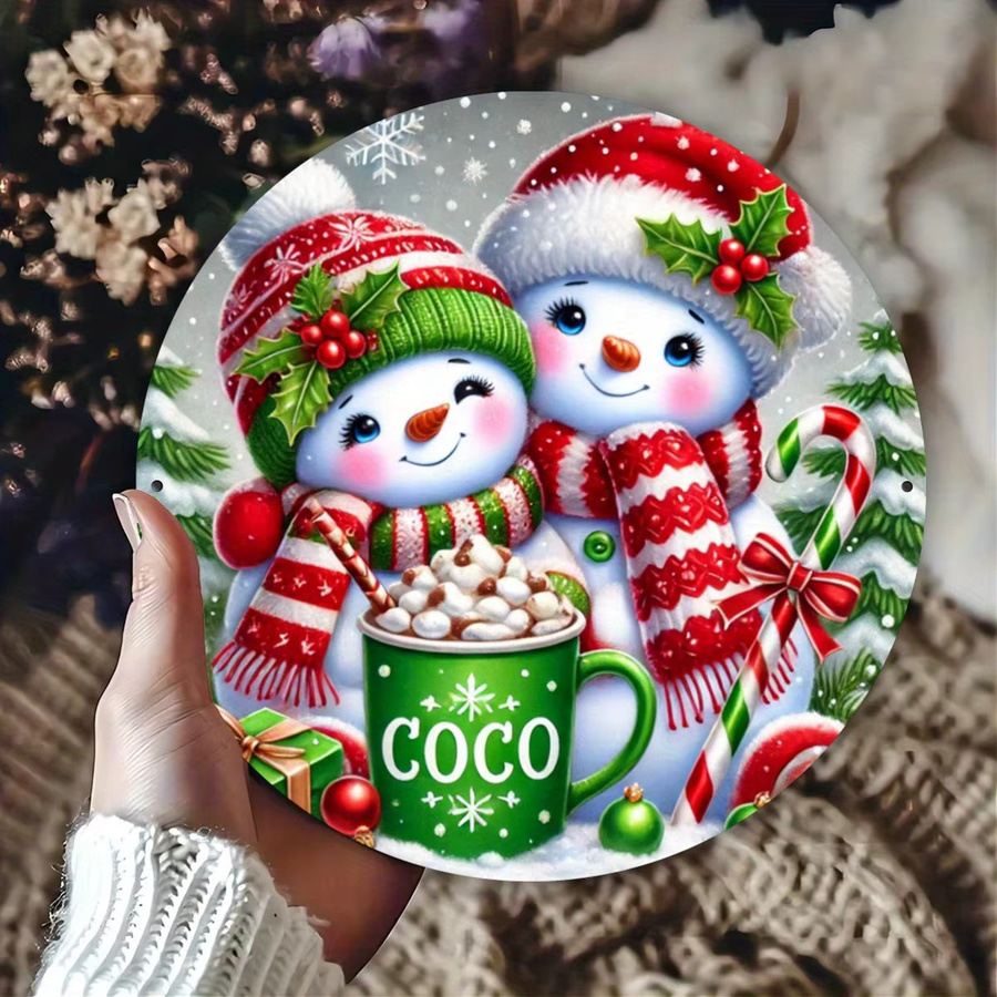 Potdemiel Metallwandkunst 2D FlatSnowman und Hot Cocoa – Rundes Blechschild für die Weihnachtsdekoration, Mehrfarbig, Durchmesser: 20 cm - Bild 3