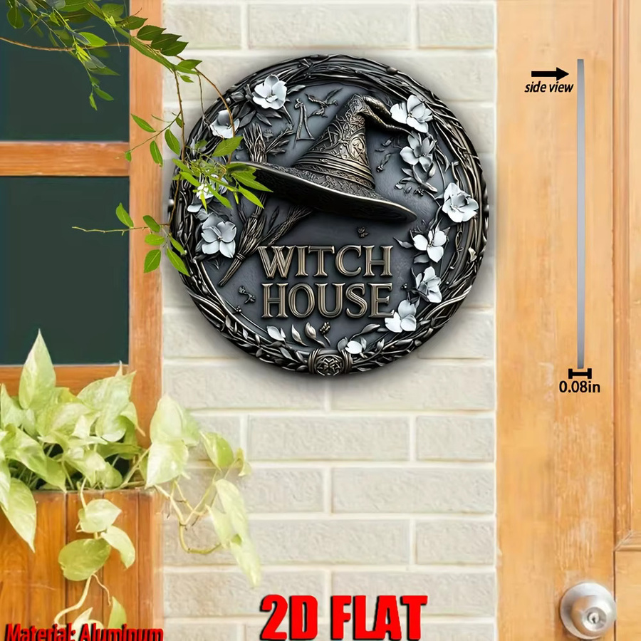 Potdemiel Hexenhaus Metallwandkunst Rundes Aluminiumschild mit Hexenhut, Blumen und Mond im Vintage-Stil, Durchmesser: 20 cm - Bild 5