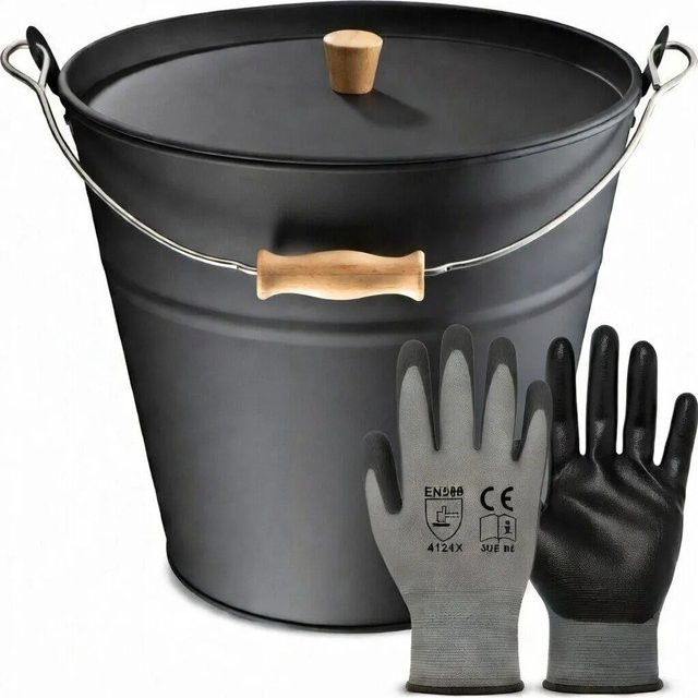 BLACK OAK Ascheeimer FUEGO 10L aus Metall mit Deckel und Holzknauf, Schwarz, B/T/H: 30 x 30 x 29 cm - Bild 1