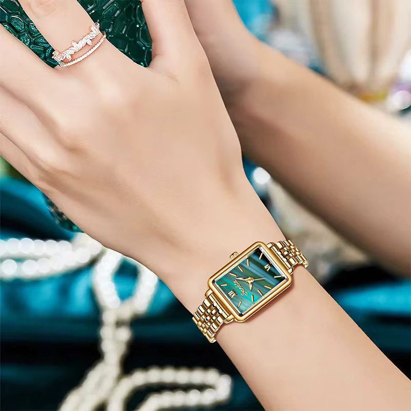 LIGE Armbanduhr Quarz, Edelstahl, Gold, Bicolor, Grün, Rechteckig, Damen - Bild 5