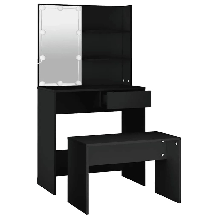 vidaXL Schminktisch-Set mit LED in Schwarz aus Holzwerkstoff, B/T/H: 141 x 40 x 74,5 cm - Bild 2
