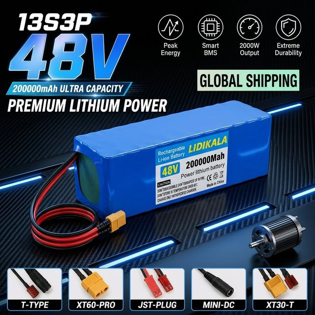 Ddadache 48V E-Scooter-Akku mit 200Ah Kapazität, 13S3P 18650 Lithium-Ionen-Akkupack in Blau, inklusive BMS-System und 2A-Ladegerät für 500W bis 1000W Motoren - Bild 1