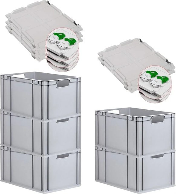 PROREGAL Spar Set 5x Eurobox Nextgen Economy mit Scharnierdeckel und grünen Schiebeschnappverschlüssen, Grau, H: 32 cm, B: 40 cm, T: 60 cm - Bild 1