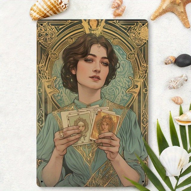 HELLOYOUNG Retro Tarot Wandkunst aus Metall mit goldener Mystische Frau Illustration, Vintage Metalldekor, B/H: 30 x 20 cm - Bild 1