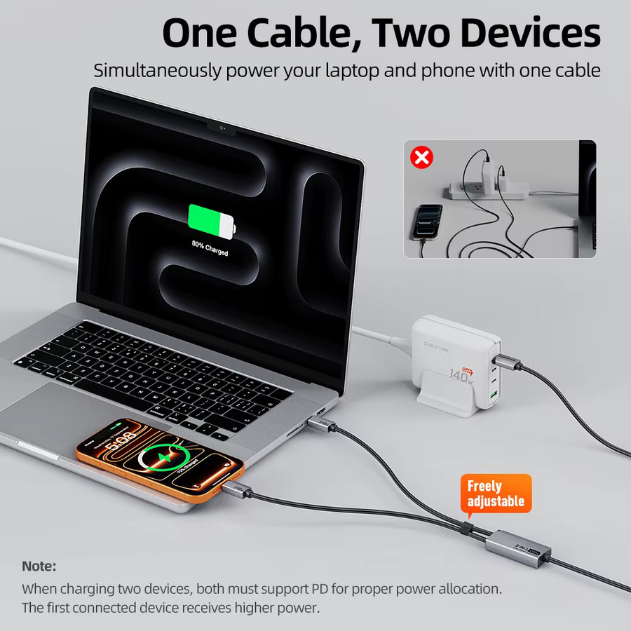 CABLETIME 2-in-1 USB-C-Kabel mit Dual-Ausgang, 140W Schnellladung und 480Mbps Datenübertragung für Laptops und iPhone 17 Pro - Bild 4