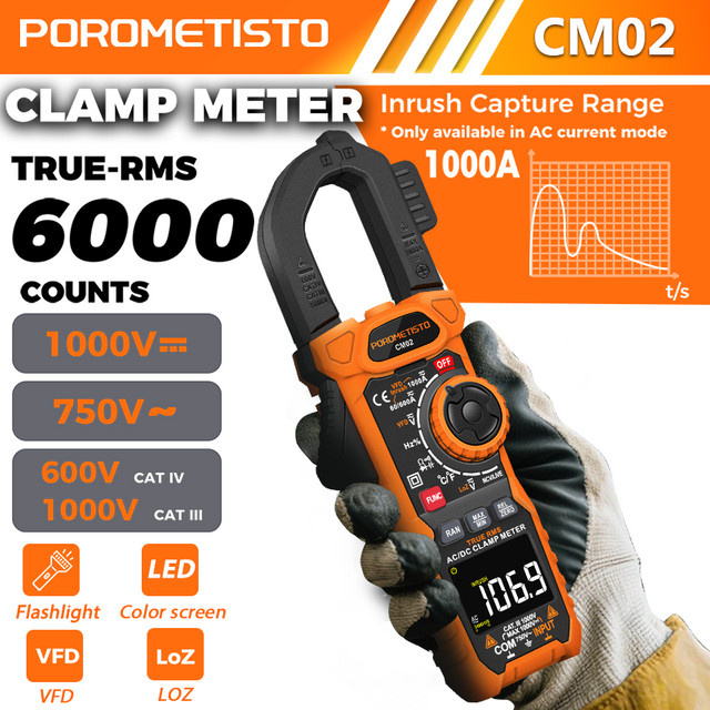 POROMETISTO Digitales Zangenmessgerät CM02 in Orange mit True RMS, 6000 Zählungen, 1000 A AC/DC, Kapazität, Temperatur, NCV, Ohm und Hz-Tester - Bild 1