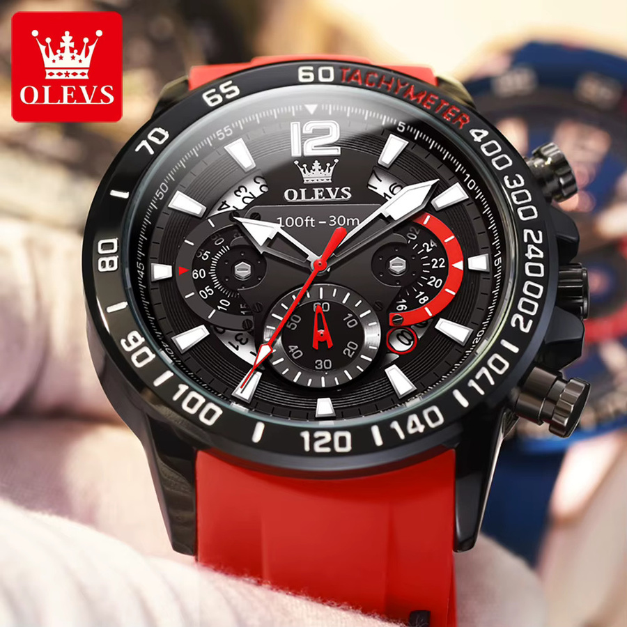 OLEVS Chronograph Armbanduhr, Quarz, Edelstahl, Silikon, Schwarz, Herren - Bild 2