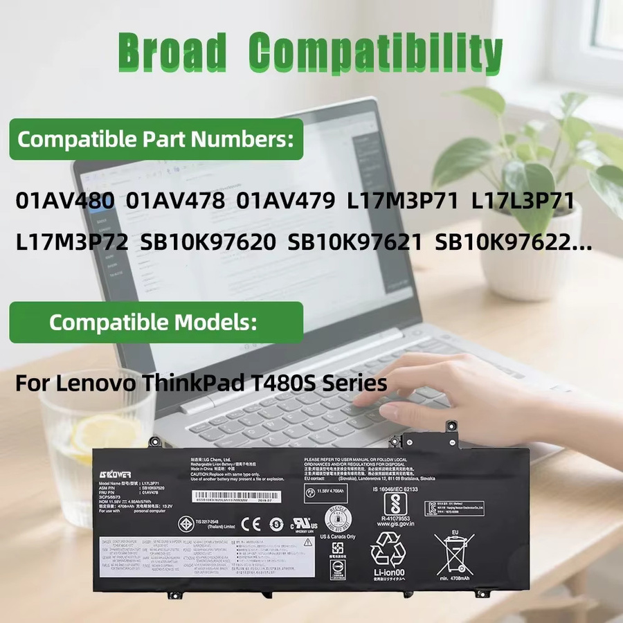 SKOWER Laptop-Akku 57Wh Schwarz für Lenovo ThinkPad T480s (Modelle: 01AV478, 01AV479, 01AV480, L17L3P71, L17M3P71, L17M3P72, SB10K97620, SB10K97621) - Bild 3