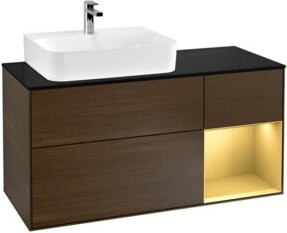 V&B Waschtischunterschrank und Wandbeleuchtung Finion in Platinblau matt mit Regalelement rechts in Gold matt und Wandventil, Breite: 120 cm, Höhe: 50,1 cm, Tiefe: 50,1 cm - Bild 1