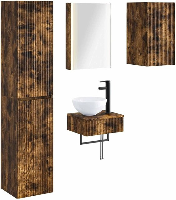 vidaXL Badezimmermöbel-Set 5-teilig in Geräucherte Eiche, modernes Set mit Waschtischunterschrank, Spiegelschrank mit LED-Beleuchtung, Wand- und Hochschrank, Braun Matt - Bild 1