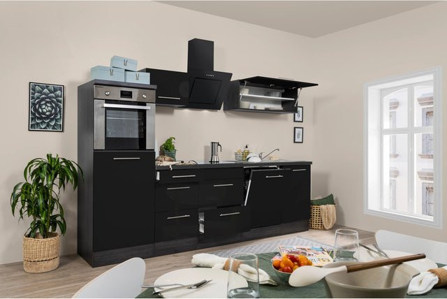 Respekta Premium Küchenzeile Hochbau modern in Schwarz Hochglanz und Eiche Grau mit Soft-Close-Türen und Schubladen - Bild 1