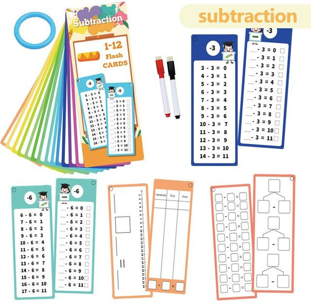TMZ Mathe-Trainingskarten für die Schule mit Stift zur Addition, Subtraktion, Multiplikation und Division, 15 Stück, blau/mehrfarbig - Bild 1
