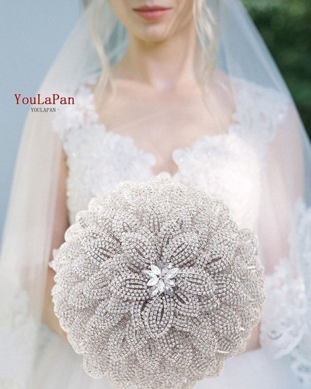 YouLaPan Kristall Blumenstrauß Silber für Hochzeit und Brautstrauß mit Strass-Dekoration - Bild 1