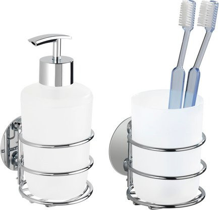 WENKO Bad-Accessoire-Set aus Kunststoff in Silber und Weiß mit Seifenspender und Becher, Wandmontage - Bild 1