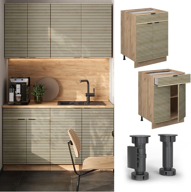 Vicco Schubunterschrank Fame-Line Eiche gefräst mit Arbeitsplatte Marmor-Weiß, Breite: 60 cm - Bild 1