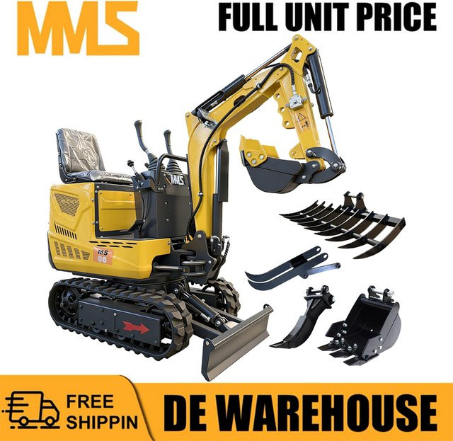 MMS Mini-Bagger 0,6 Tonnen mit 9,25 PS Benzinmotor, Schwenkausleger und Anbaugeräte-Set, Farbe: Gelb - Bild 1