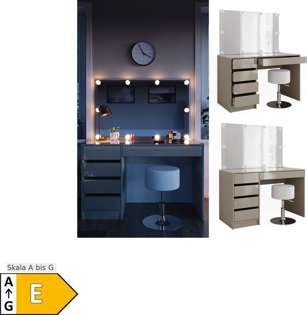 Vicco Schminktisch Sherry Greige Hochglanz mit LED-Spiegel, Hocker und 5 Schubladen, B: 120 cm, T: 75 cm, H: 75 cm - Bild 1