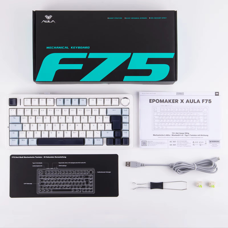 Epomaker x Aula F75 Mechanische Tastatur mit Tri-Mode-Konnektivität, QWERTZ Deutsches Layout, Kabellos, 4000-mAh-Akku, Weiß/Blau - Bild 4