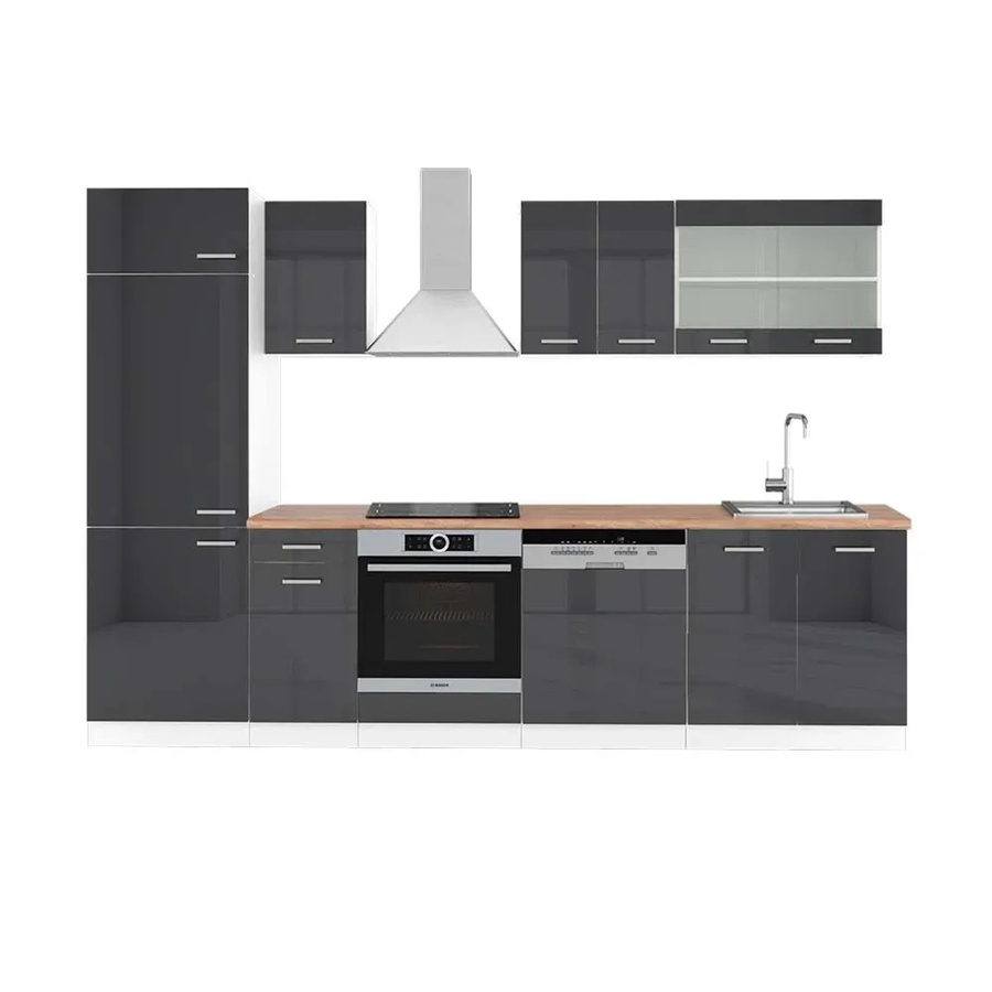 Vicco R-Line Küchenzeile Anthrazit Hochglanz und Weiß mit Eiche Optik, Breite: 300 cm, Höhe: 207 cm, Tiefe: 60 cm - Bild 2