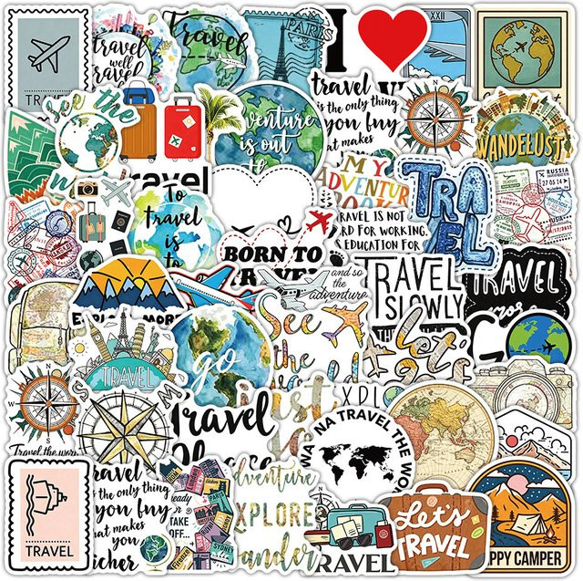 50 Stück wasserfeste Reise-Aufkleber mit Weltkarten- und Landschaftsmotiven in Multicolor von RecordingYourLife Store - Bild 1