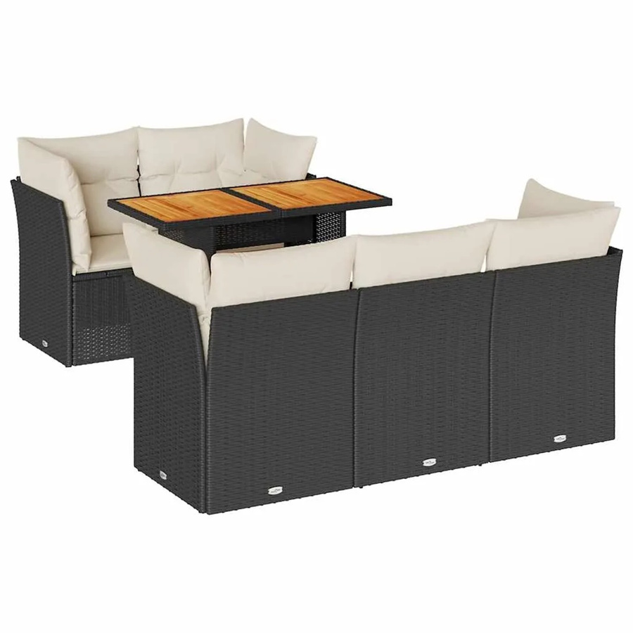 vidaXL 6-teilige Garten-Sofagarnitur aus Poly-Rattan und Akazienholz in Schwarz-Creme mit Kissen - Bild 2