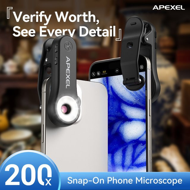 APEXEL 200X Schmuck-Mikroskop-Objektiv Makro-Mikro-Triskop-Linse mit LED-Licht und Universalclip für iPhone und Android-Smartphones in Schwarz - Bild 1