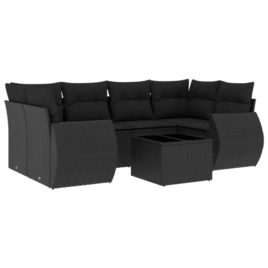 vidaXL 7-teilige Garten-Sofagarnitur in L-Form aus schwarzem Poly-Rattan mit wetterfesten Kissen und pulverbeschichtetem Stahlgestell - Bild 2