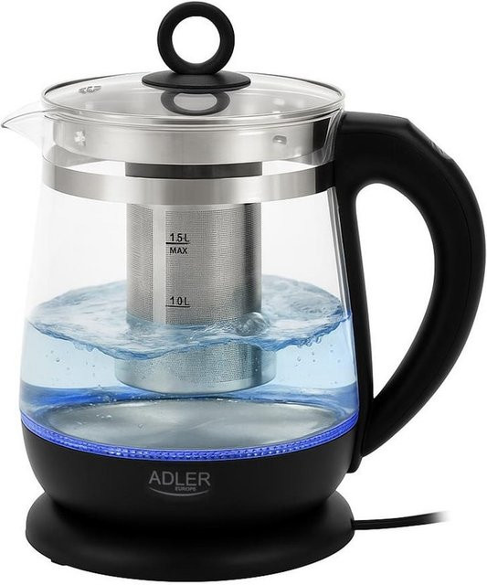 Adler Wasserkocher und Teekocher aus Glas mit Sieb, Weiß und Transparent, 1,5 l, 2200 W mit PID-Steuerung - Bild 1