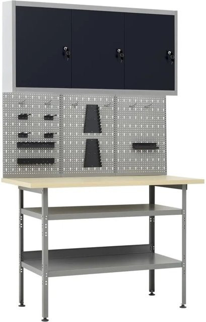 vidaXL Werkbank mit 3 Werkzeugwänden und 1 Wandschrank in Grau-Schwarz, höhenverstellbar, B: 120 cm, T: 60 cm, H: 85 cm bis 300 cm - Bild 1