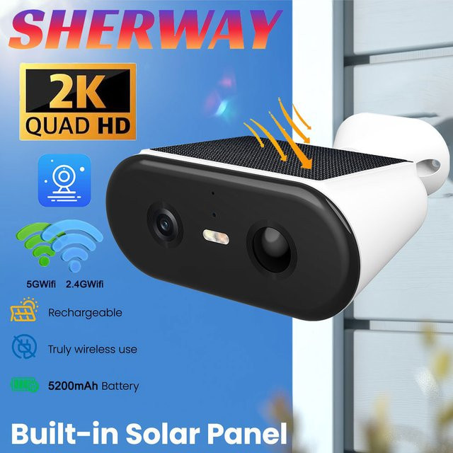 Sherway 2K Solar-Sicherheitskamera 5MP Outdoor Kabellose Akku-Kamera mit 2,4GHz & 5GHz WLAN, PIR-Bewegungssensor, Auto-Tracking und IR-Nachtsicht in Weiß - Bild 1