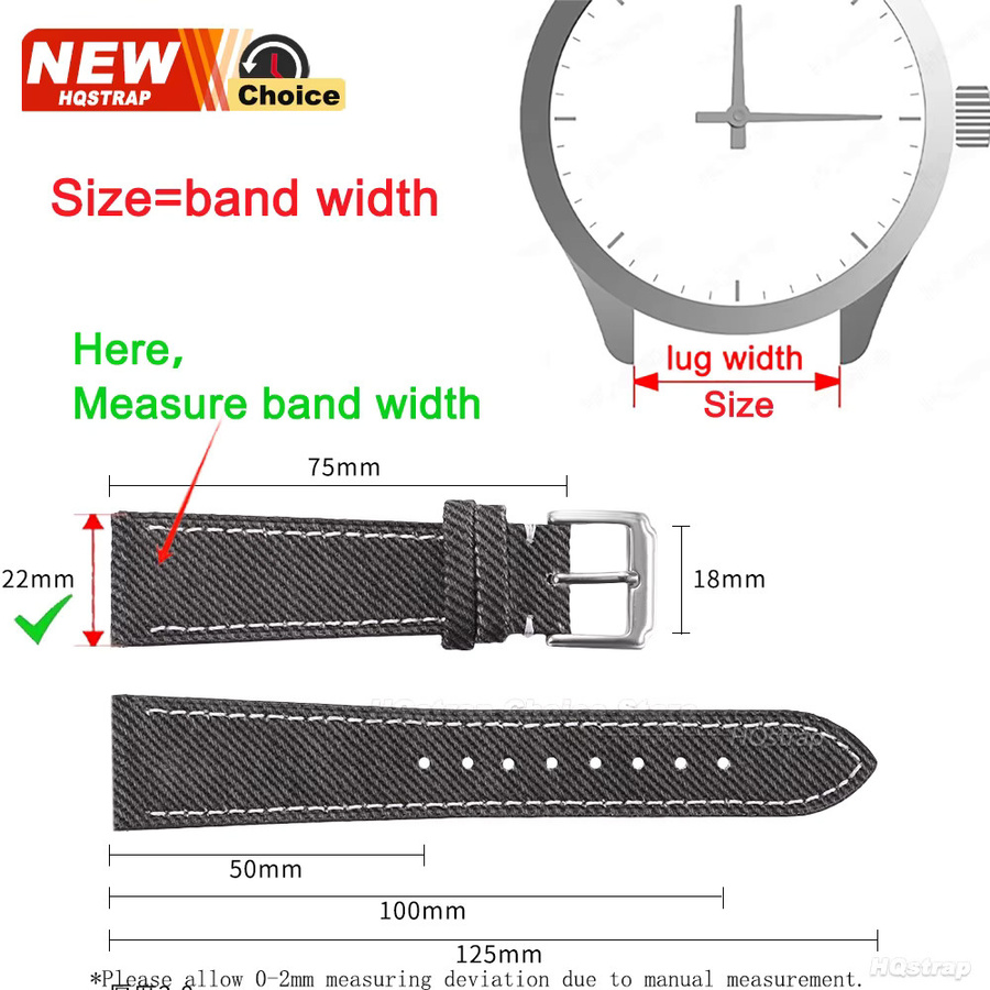 HQstrap Uhrenarmband Leder, Denim-Stil, Schmetterlingsverschluss, 18mm 20mm 22mm - Bild 3