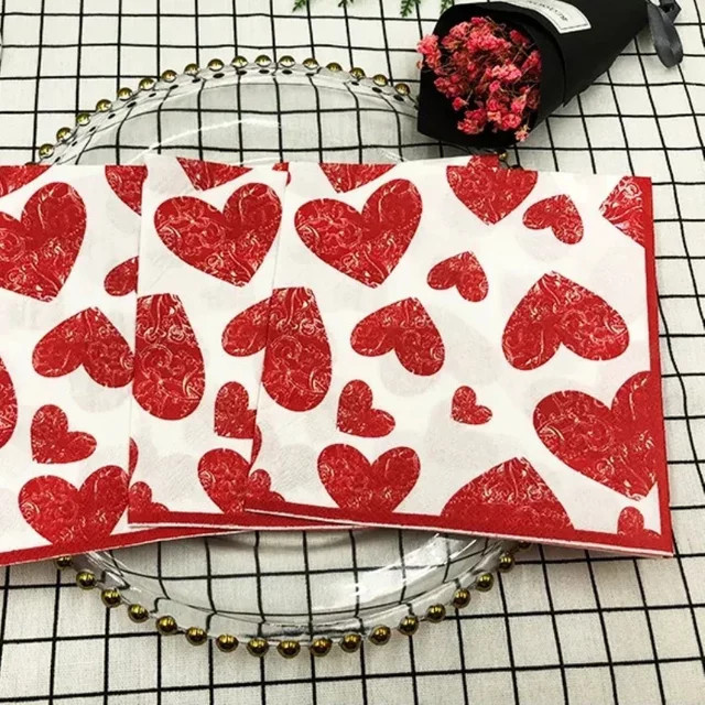 GUANYAO Herzförmige Servietten mit floralem Muster in Bunt und Rot, 20 Stück aus Papier für Hochzeit und Valentinstag - Bild 1