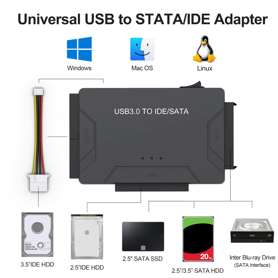 Congdi USB 3.0 IDE SATA Adapter, universelles Festplattenleser-Kit für 2,5 und 3,5 Zoll HDD/SSD, externer Festplattenadapter für PC und Macbook, Farbe: Schwarz - Bild 3