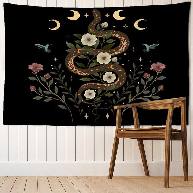 Super Six Tarot Wandteppich mit Sonne Mond Sternen und Blumen in Schwarz, Breite: 95 cm, Höhe: 70 cm - Bild 1